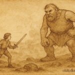 Parchment-style artwork of Jack facing a giant on English hills, heroic folktale scene.