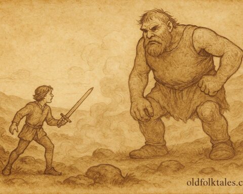 Parchment-style artwork of Jack facing a giant on English hills, heroic folktale scene.