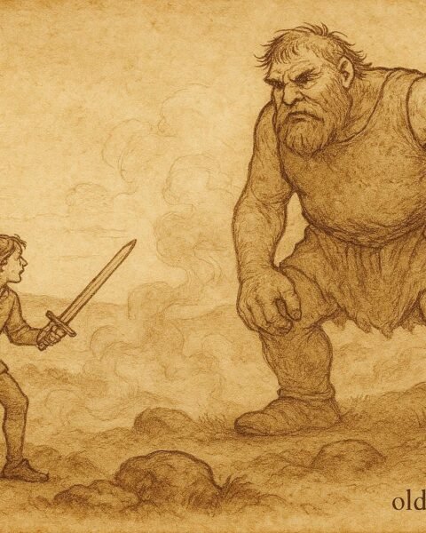 Parchment-style artwork of Jack facing a giant on English hills, heroic folktale scene.