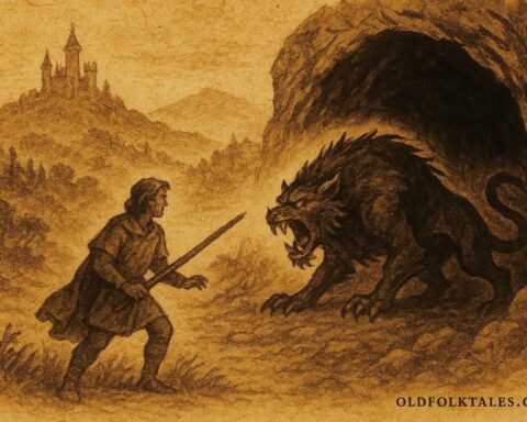 An illustration of Jose battling the beast, European folktale scene.