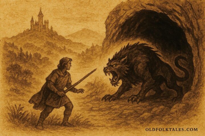 An illustration of Jose battling the beast, European folktale scene.
