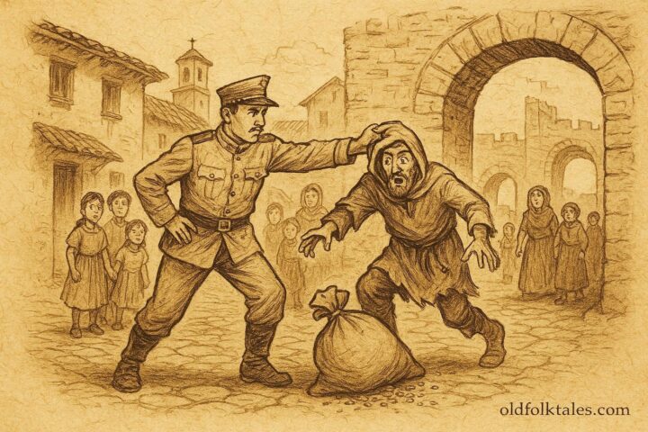 An illustration of Juan Soldado catching a thief in a Spanish town, Spanish folktale scene.