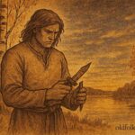 Parchment-style artwork of Kullervo in a Finnish forest, holding a broken knife under golden light.