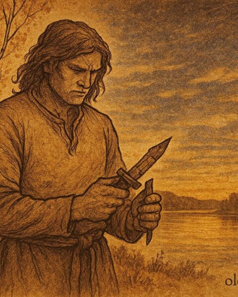 Parchment-style artwork of Kullervo in a Finnish forest, holding a broken knife under golden light.