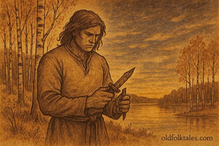 Parchment-style artwork of Kullervo in a Finnish forest, holding a broken knife under golden light.