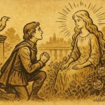 Parchment-style artwork of Avenant kneeling before the golden-haired princess in a French folktale scene.