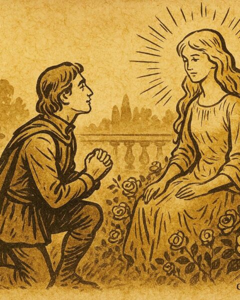 Parchment-style artwork of Avenant kneeling before the golden-haired princess in a French folktale scene.