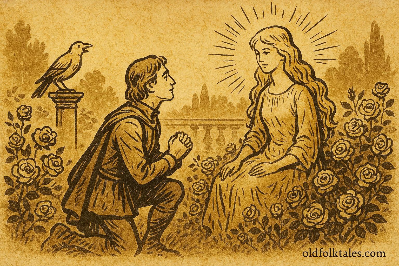 Parchment-style artwork of Avenant kneeling before the golden-haired princess in a French folktale scene.