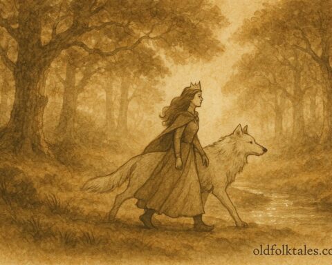 Parchment-style artwork of the princess and the enchanted white wolf in a Walloon forest, Belgian folktale scene.