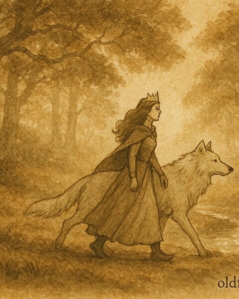 Parchment-style artwork of the princess and the enchanted white wolf in a Walloon forest, Belgian folktale scene.