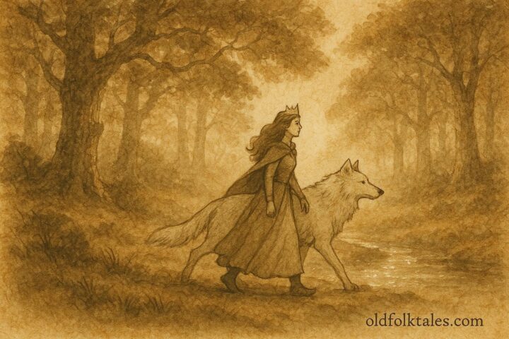 Parchment-style artwork of the princess and the enchanted white wolf in a Walloon forest, Belgian folktale scene.