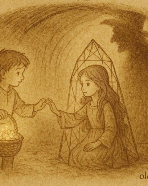 An artwork of Little Brother Primrose freeing Sister Lavender from the witch’s spell, Croatian folktale.