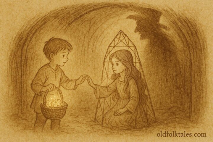 An artwork of Little Brother Primrose freeing Sister Lavender from the witch’s spell, Croatian folktale.