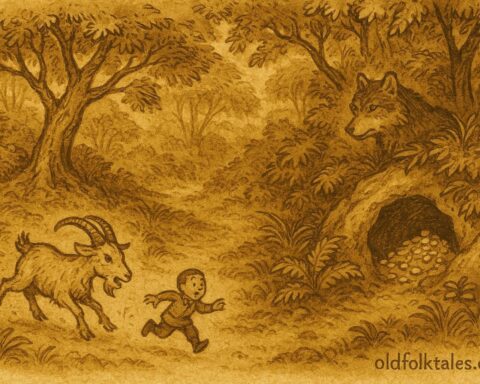 An illustration of Manoel Littlebean escaping a goat, Sri Lankan folktale scene with forest and cave.