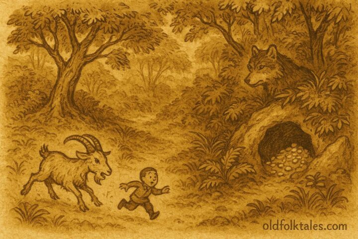 An illustration of Manoel Littlebean escaping a goat, Sri Lankan folktale scene with forest and cave.