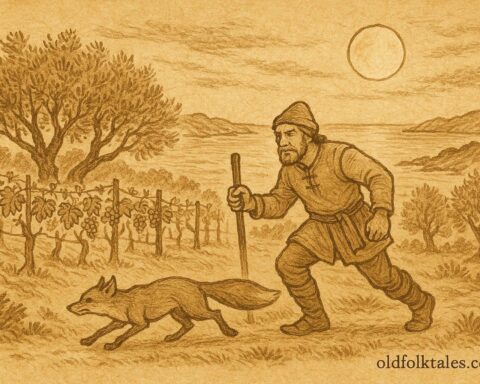 An artwork of Milutin catching a fox by moonlit vineyard, Croatian folktale scene.
