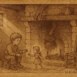 Parchment-style artwork of a boy and tiny fairy near a cottage fire, English folktale scene.