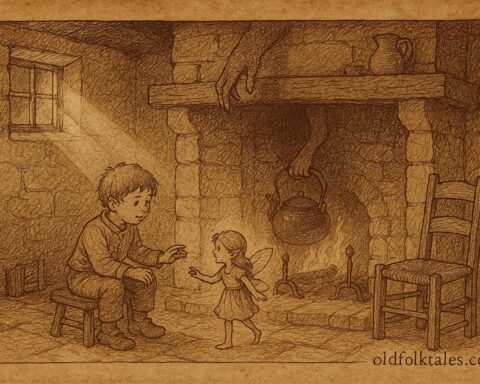 Parchment-style artwork of a boy and tiny fairy near a cottage fire, English folktale scene.