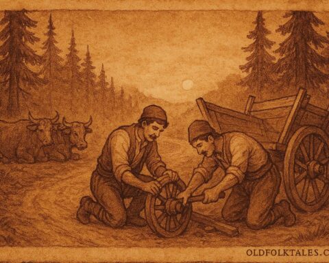A style artwork of two Bulgarian brothers fixing a cart at sunset, Bulgarian folktale scene.