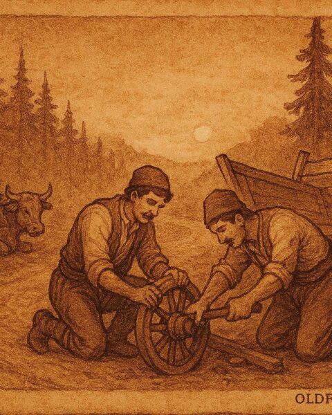 A style artwork of two Bulgarian brothers fixing a cart at sunset, Bulgarian folktale scene.