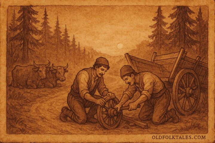 A style artwork of two Bulgarian brothers fixing a cart at sunset, Bulgarian folktale scene.