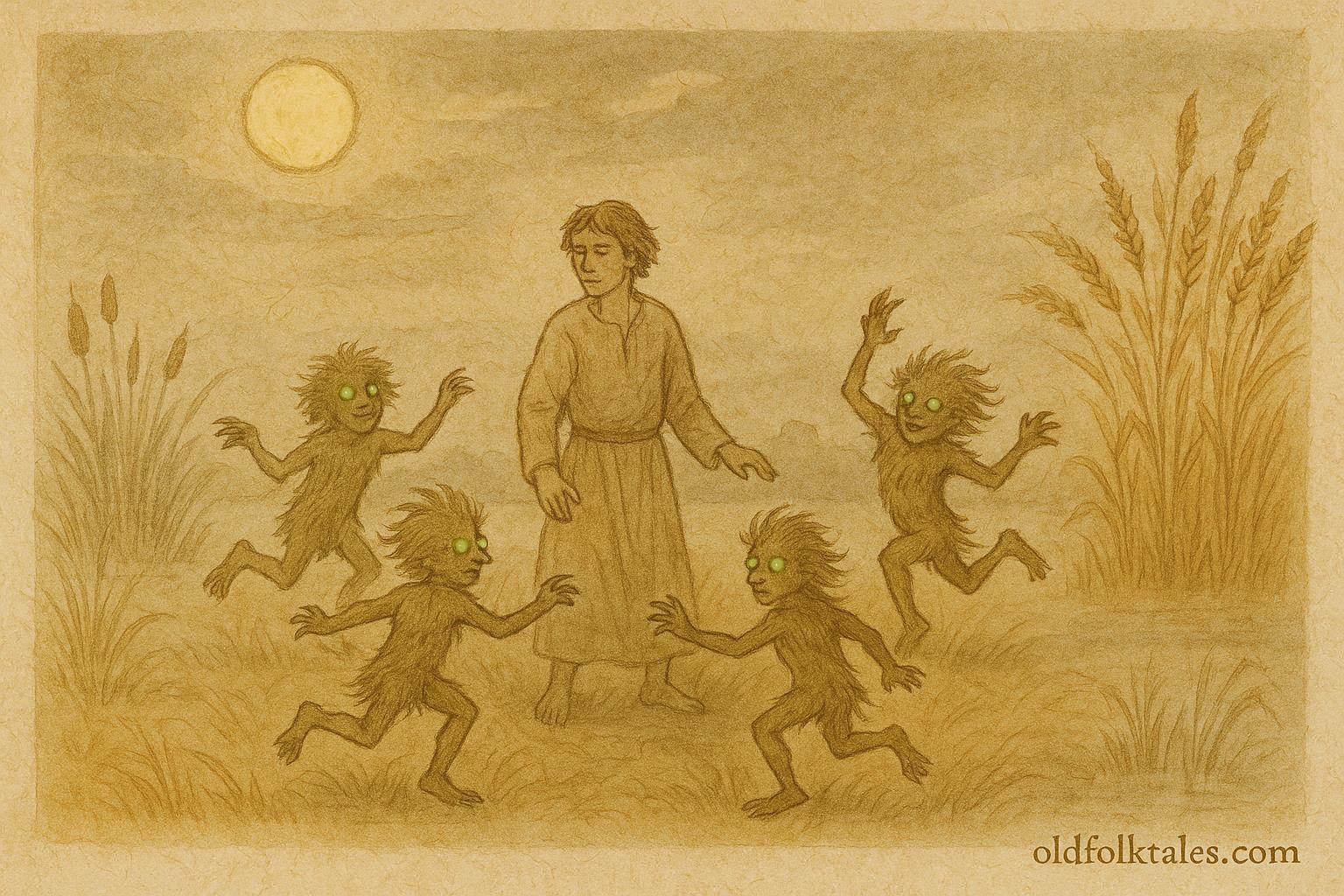 An artwork of Poleviks dancing in a moonlit Polesye marsh, Belarusian folktale scene