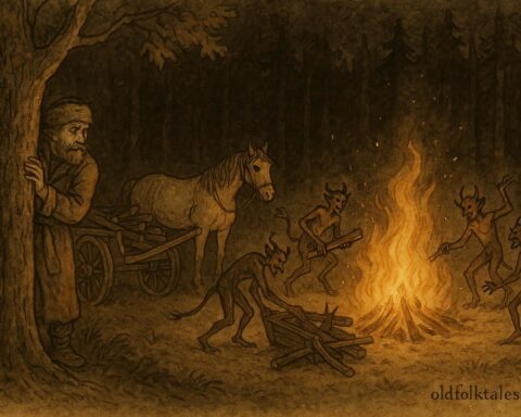 An artwork of Gavrila watching devils around fire in Belarusian forest folktale.”