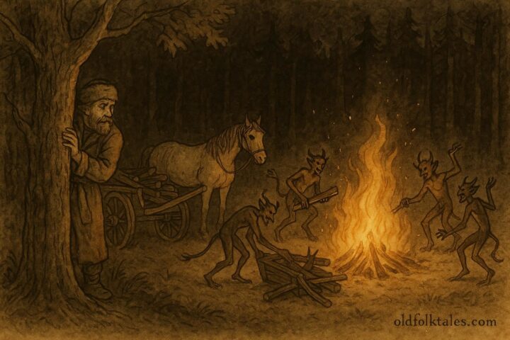 An artwork of Gavrila watching devils around fire in Belarusian forest folktale.”