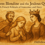 Parchment-style artwork of Princess Blondine, King Benin, and the jealous queen, French folktale scene.