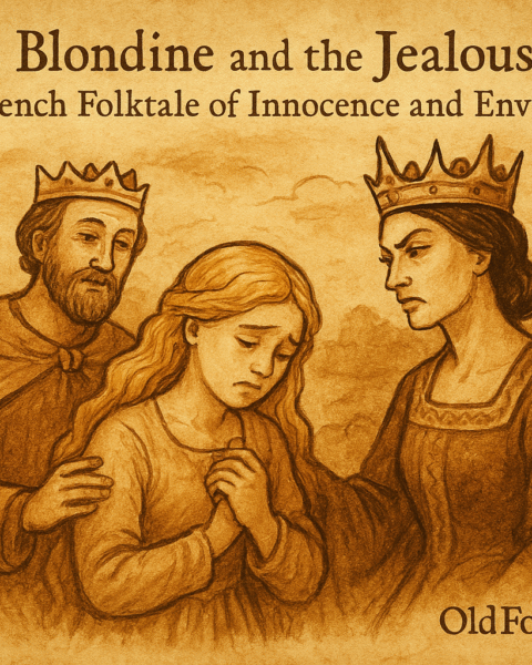 Parchment-style artwork of Princess Blondine, King Benin, and the jealous queen, French folktale scene.