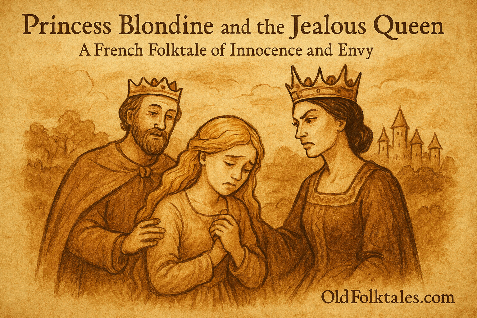 Parchment-style artwork of Princess Blondine, King Benin, and the jealous queen, French folktale scene.