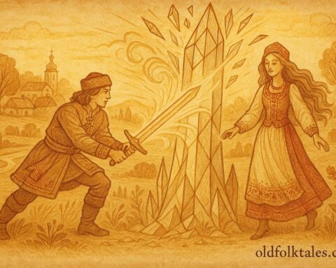 An artwork of Prince Hero freeing Princess Miranda from her crystal tower, Polish folktale scene.