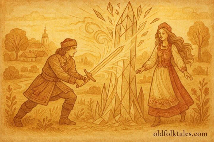 An artwork of Prince Hero freeing Princess Miranda from her crystal tower, Polish folktale scene.
