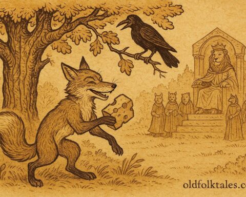 Parchment-style artwork of Renert the clever fox tricking a crow beneath an oak tree, Luxembourgish folktale scene.