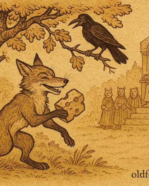 Parchment-style artwork of Renert the clever fox tricking a crow beneath an oak tree, Luxembourgish folktale scene.
