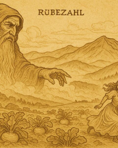 Parchment-style illustration of Rübezahl watching the princess escape through turnip fields, German folktale scene.