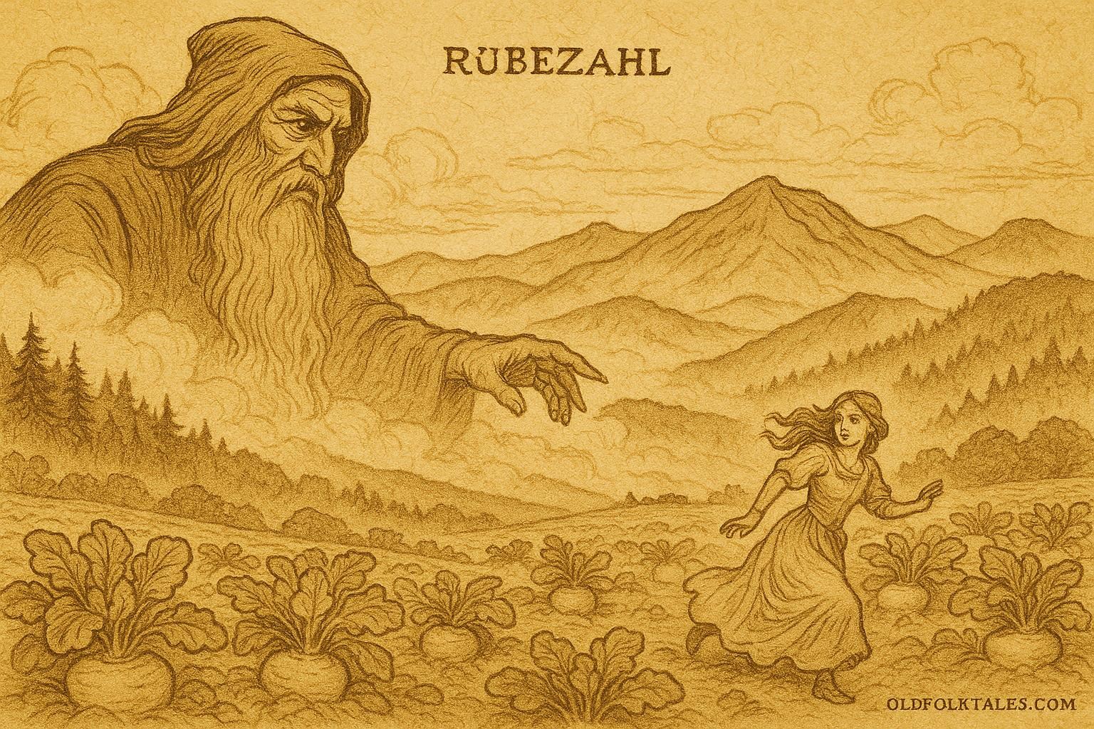 Parchment-style illustration of Rübezahl watching the princess escape through turnip fields, German folktale scene.