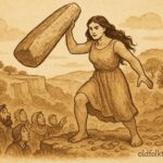 An artwork of Sansuna lifting a menhir, Maltese folktale scene in Gozo, Malta.