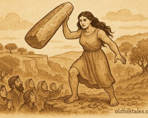 An artwork of Sansuna lifting a menhir, Maltese folktale scene in Gozo, Malta.