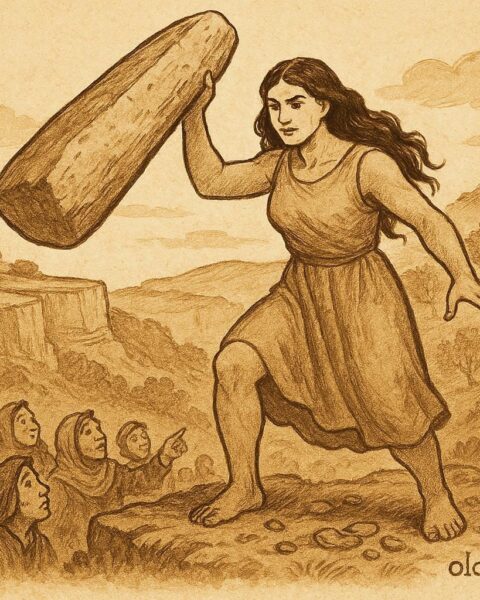 An artwork of Sansuna lifting a menhir, Maltese folktale scene in Gozo, Malta.