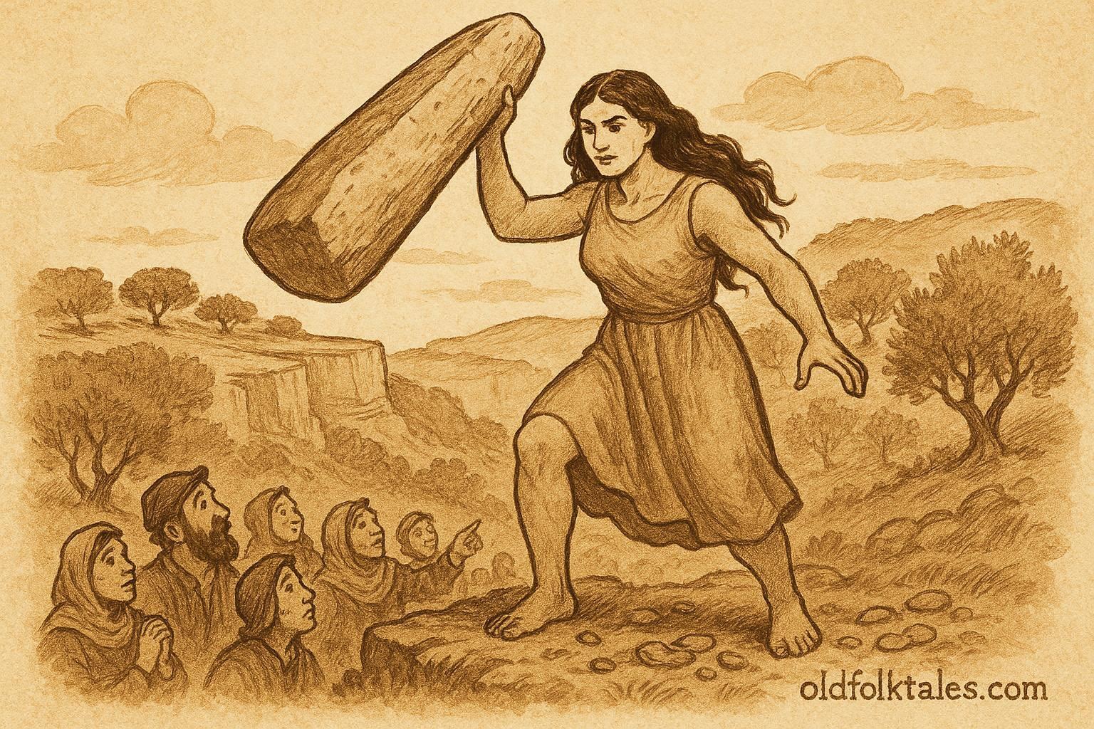 An artwork of Sansuna lifting a menhir, Maltese folktale scene in Gozo, Malta.