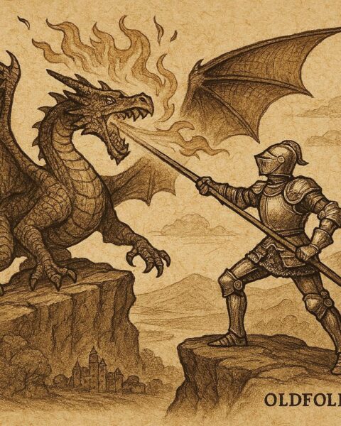 Parchment-style artwork of St. George confronting a dragon, English folktale scene.