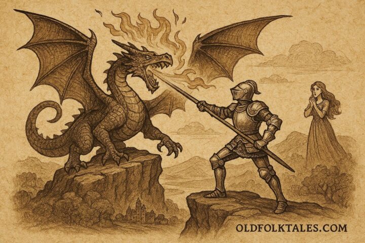 Parchment-style artwork of St. George confronting a dragon, English folktale scene.