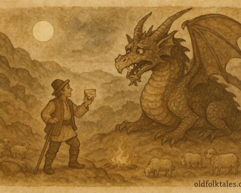 Parchment-style artwork of Stan Bolovan tricking a dragon with cheese, Romanian folktale scene.