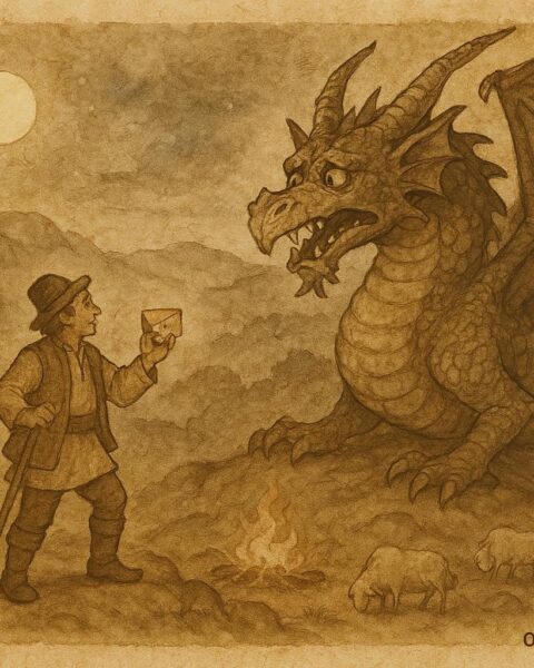 Parchment-style artwork of Stan Bolovan tricking a dragon with cheese, Romanian folktale scene.