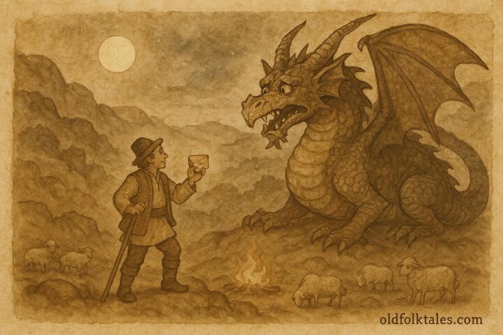 Parchment-style artwork of Stan Bolovan tricking a dragon with cheese, Romanian folktale scene.