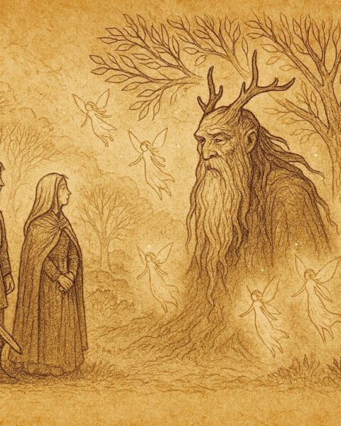 An artwork of Stribor, vilas, and hero in enchanted forest, Croatian folktale scene.