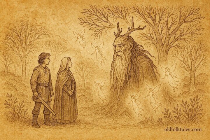 An artwork of Stribor, vilas, and hero in enchanted forest, Croatian folktale scene.