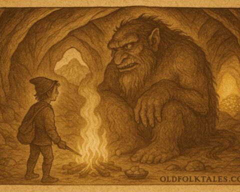 Parchment-style artwork of Ash Lad tricking a troll by firelight, Norwegian folktale scene.