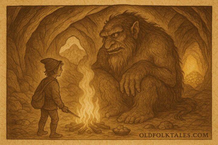 Parchment-style artwork of Ash Lad tricking a troll by firelight, Norwegian folktale scene.